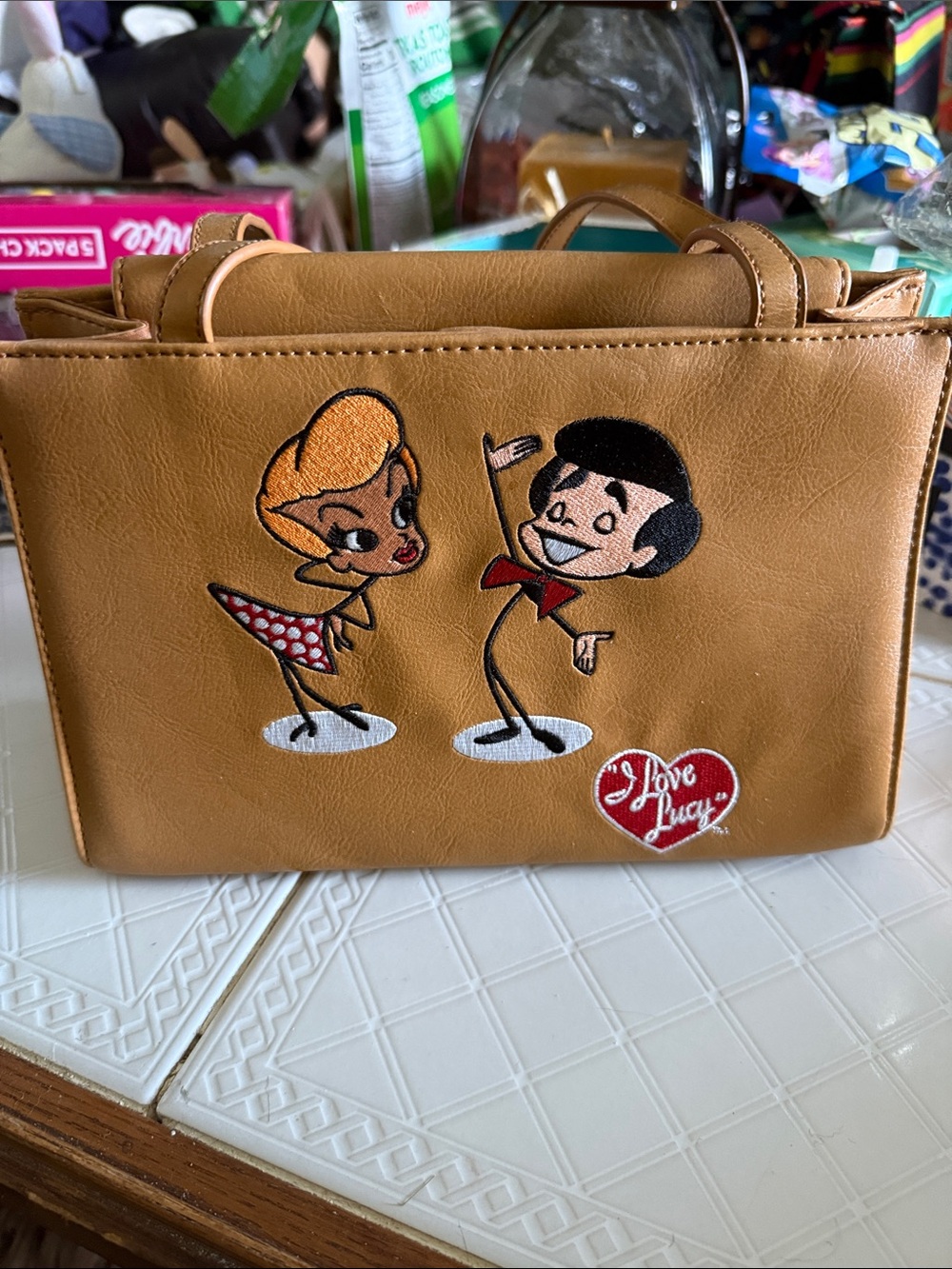 I Love Lucy Embroidered Tan Crossbody Bag